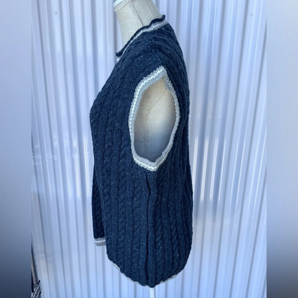 Navy Cable Knit V-Neck Wool Sweater Vest